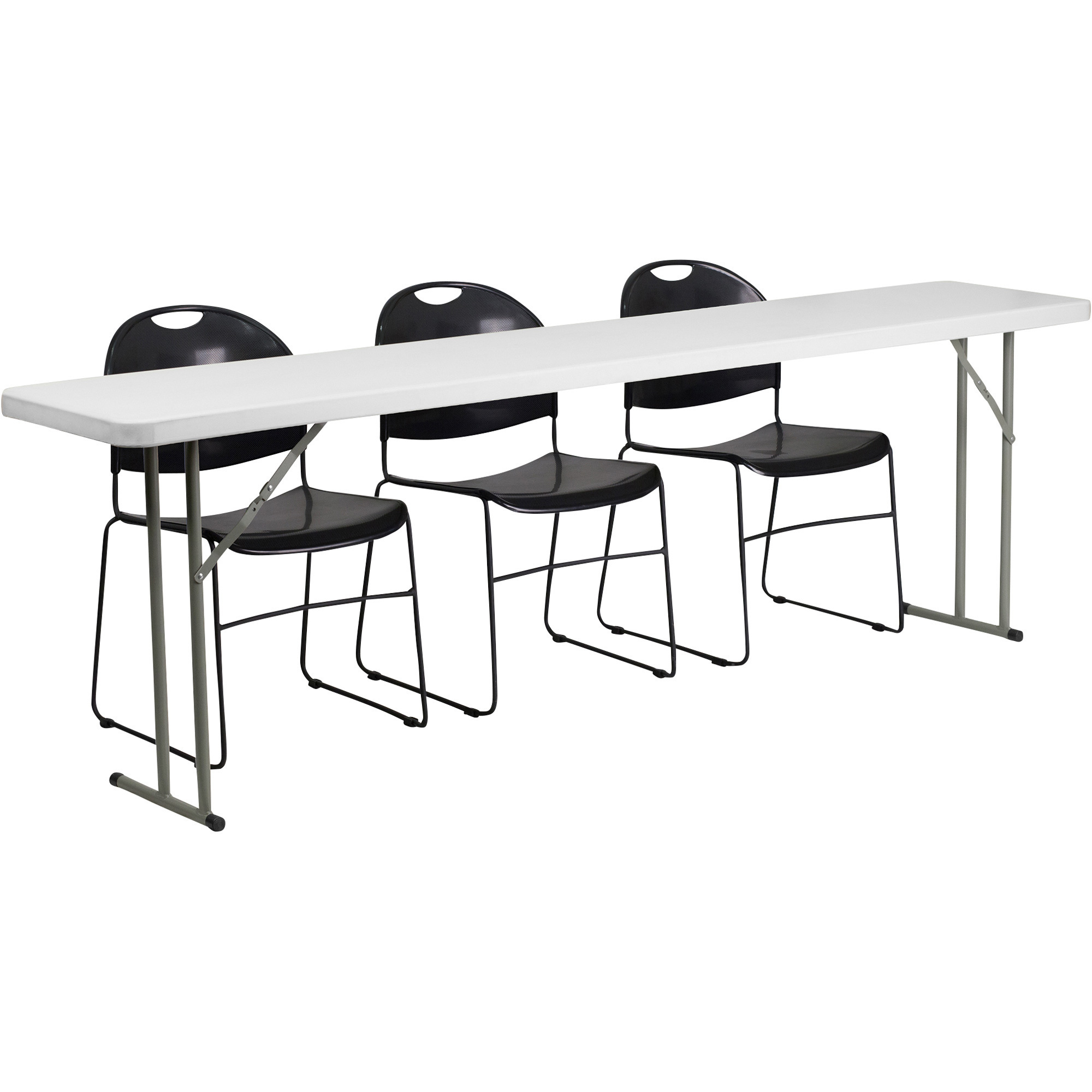 Flash Furniture Plastic Folding Training Table and Stacking Chairs, 3-Piece Set, Black Chairs, 18in.W x 96in.D x 29in.H Table, Model# RB18961